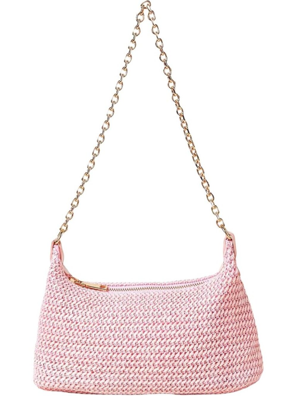 Women's Pink Straw Woven Shoulder Bag Tote Handbag Summer Beach Purse Zipper